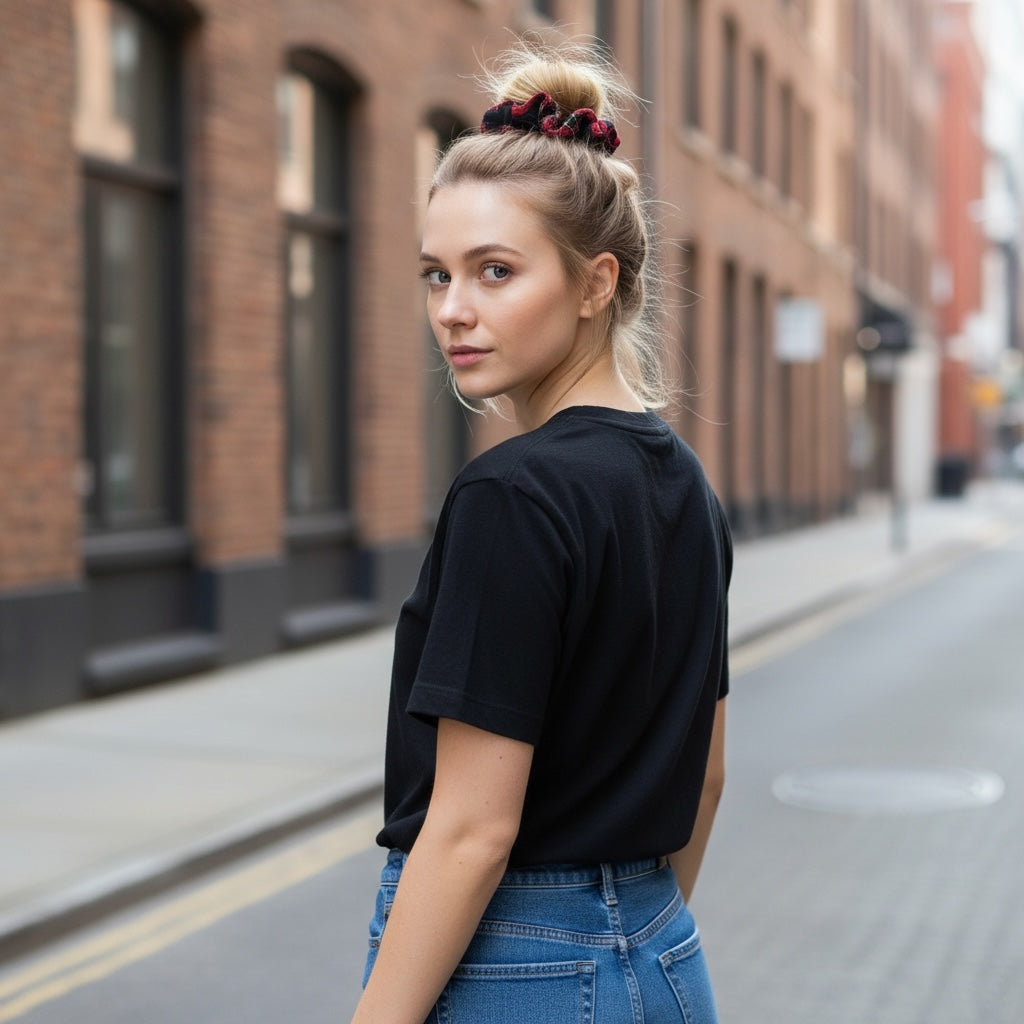 Kırmızı Ekose Şeritli Siyah Lastik Toka