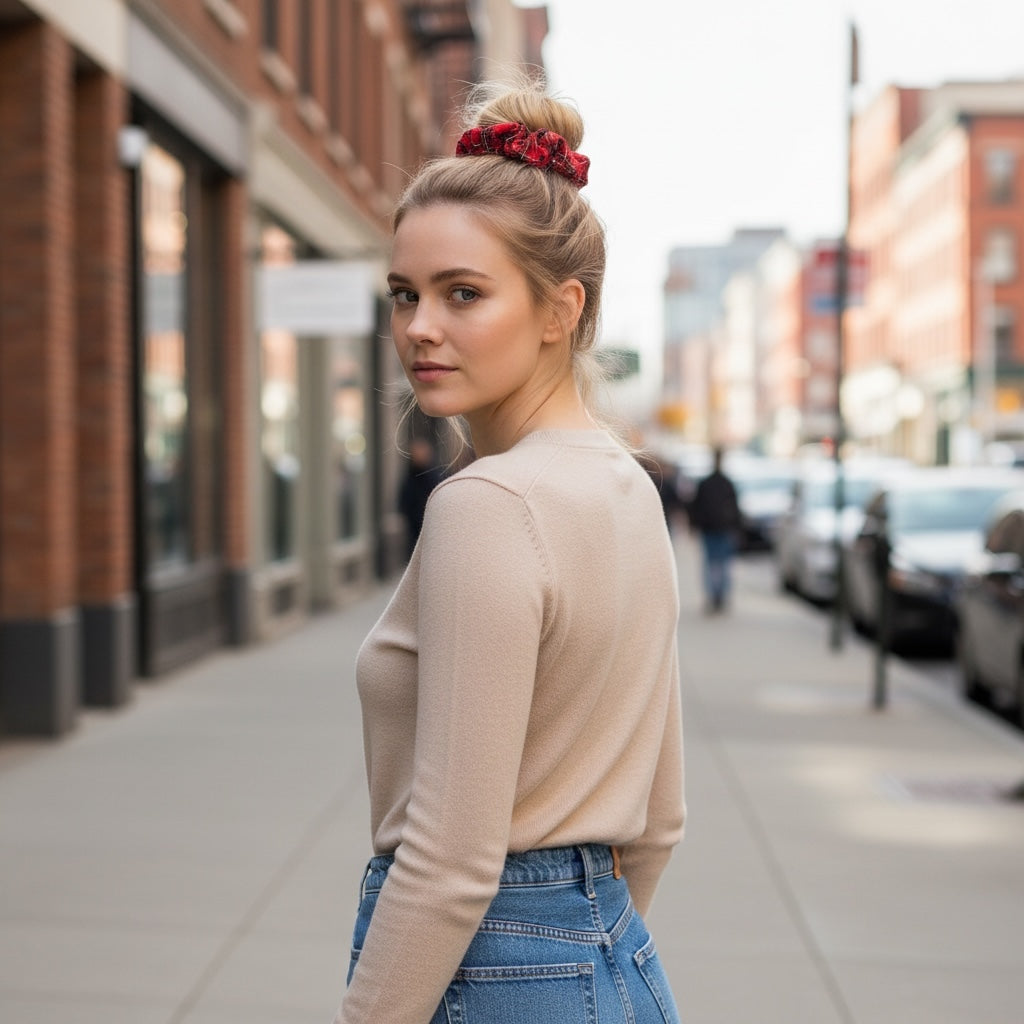 Kırmızı Ekose Boncuklu Lastik Toka